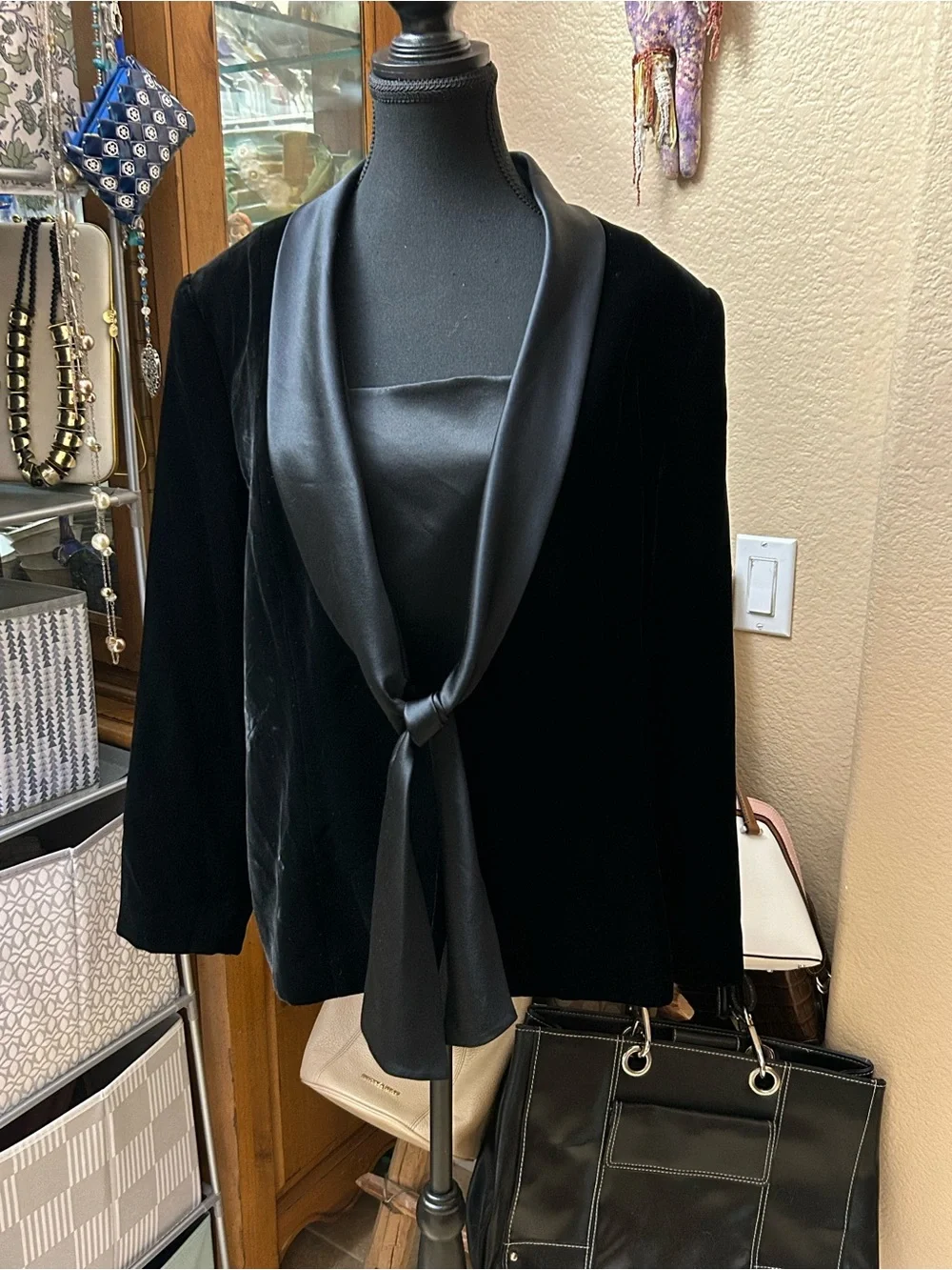 Talbots Black Velvet Tie-Front Blazer with Satin Shawl Collar